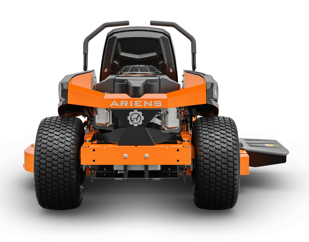 Orange and black Ariens zero-turn lawn mower on a white background