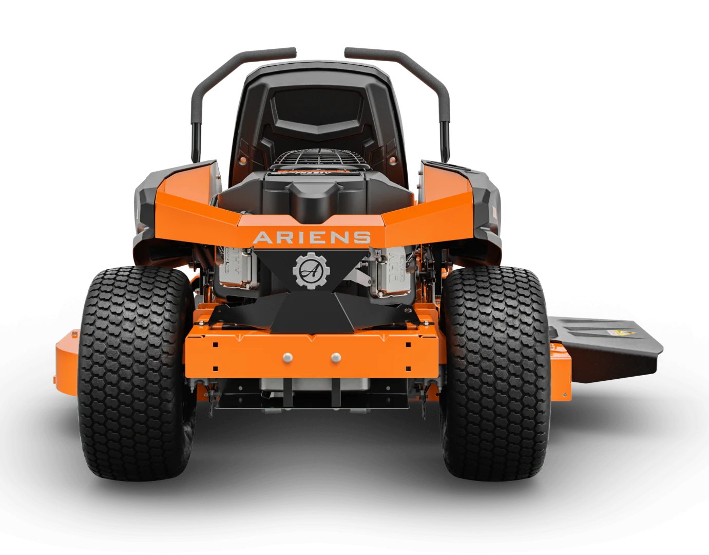 Orange and black Ariens zero-turn lawn mower on a white background