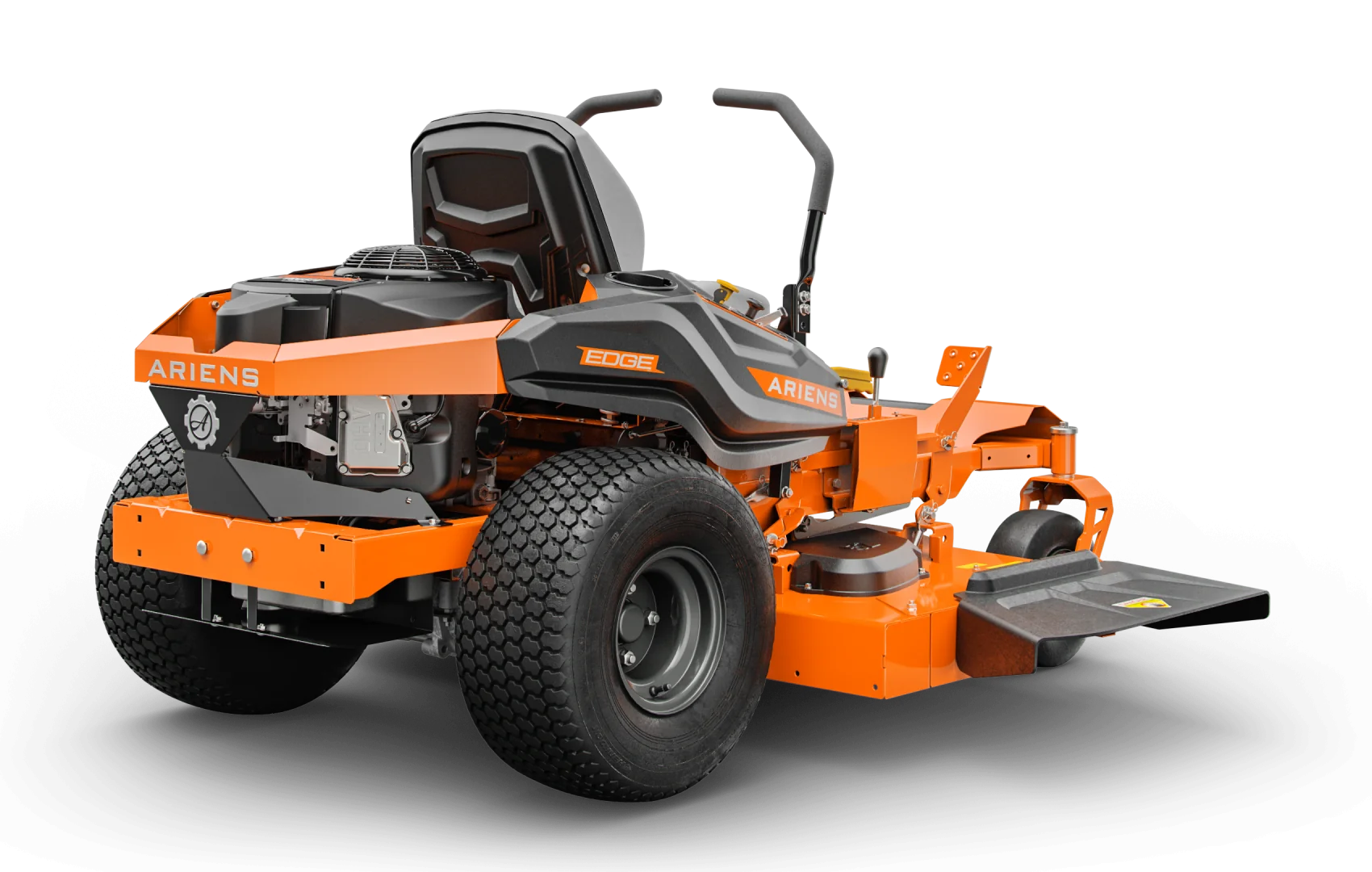 Orange and black Ariens zero-turn lawn mower on a white background