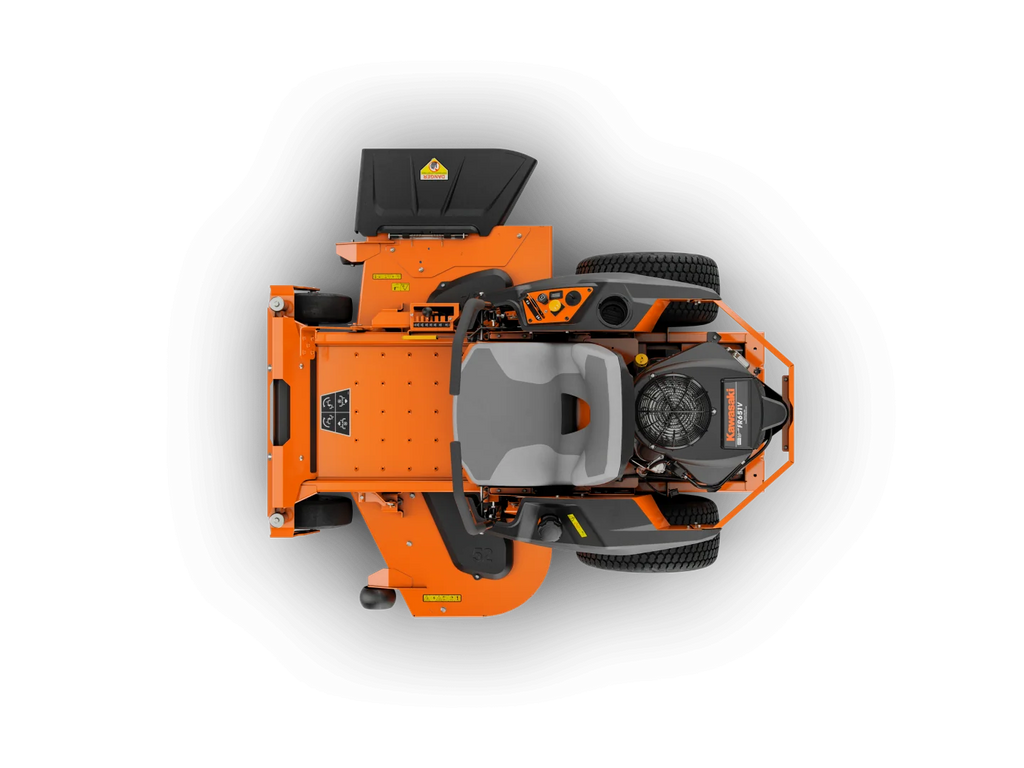 Top-down view of an orange lawn mower on a white background