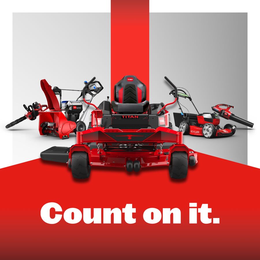 Red lawn mower with 'Y Titan' branding on a gray and red background with text 'Count on it'.