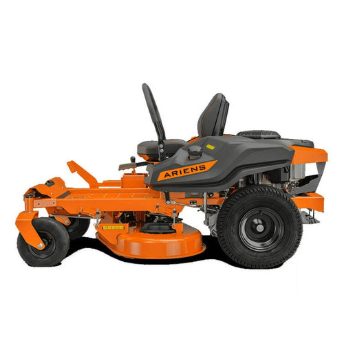 Orange and black Ariens zero-turn lawn mower on a white background