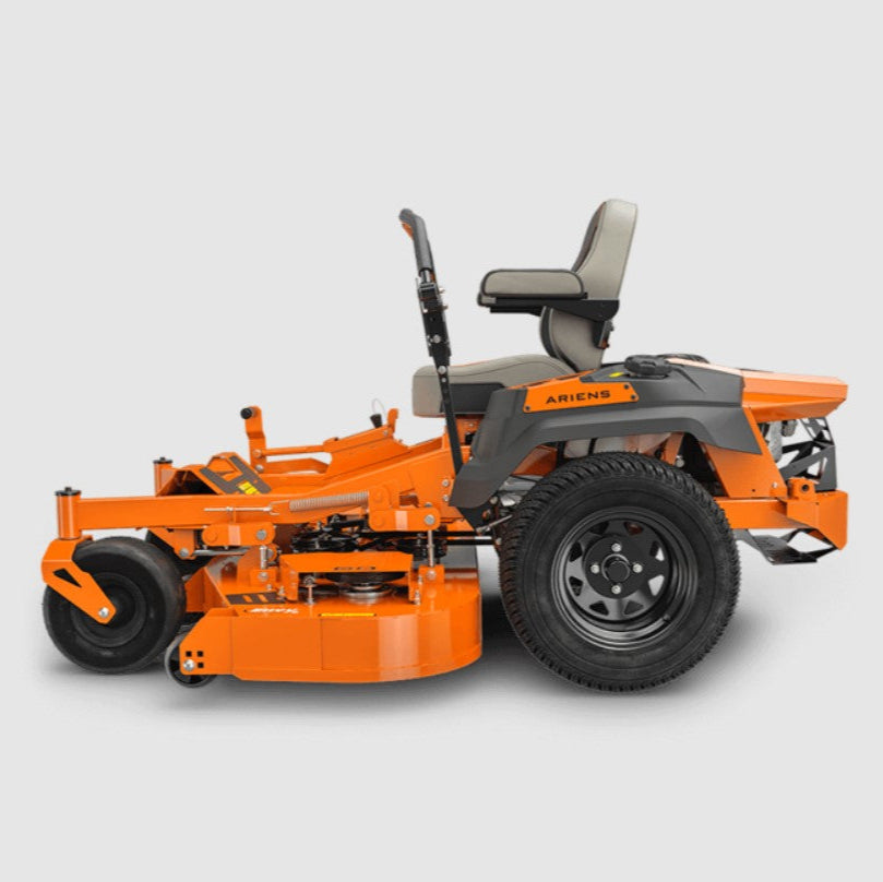 Orange and gray Ariens zero-turn lawn mower on a light gray background
