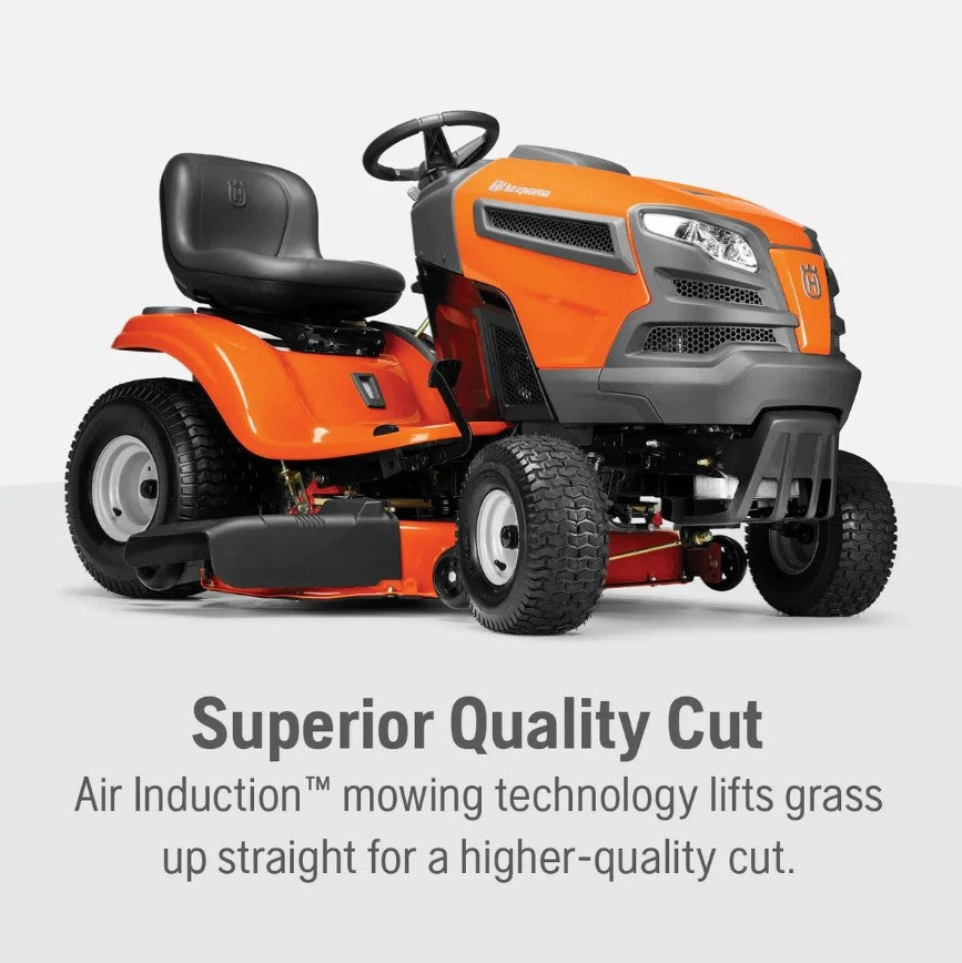 Orange and black lawn mower with text about air induction mowing technology on a white background
