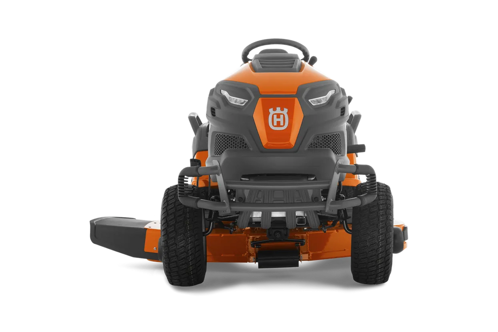 Orange and black lawn mower on a white background