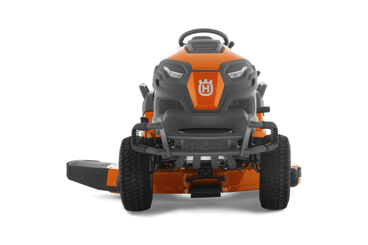 Orange and black lawn mower on a white background