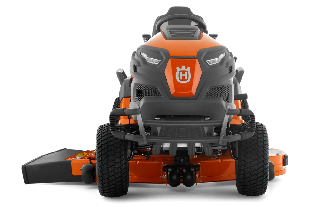 Orange and black Husqvarna riding lawn mower on a white background