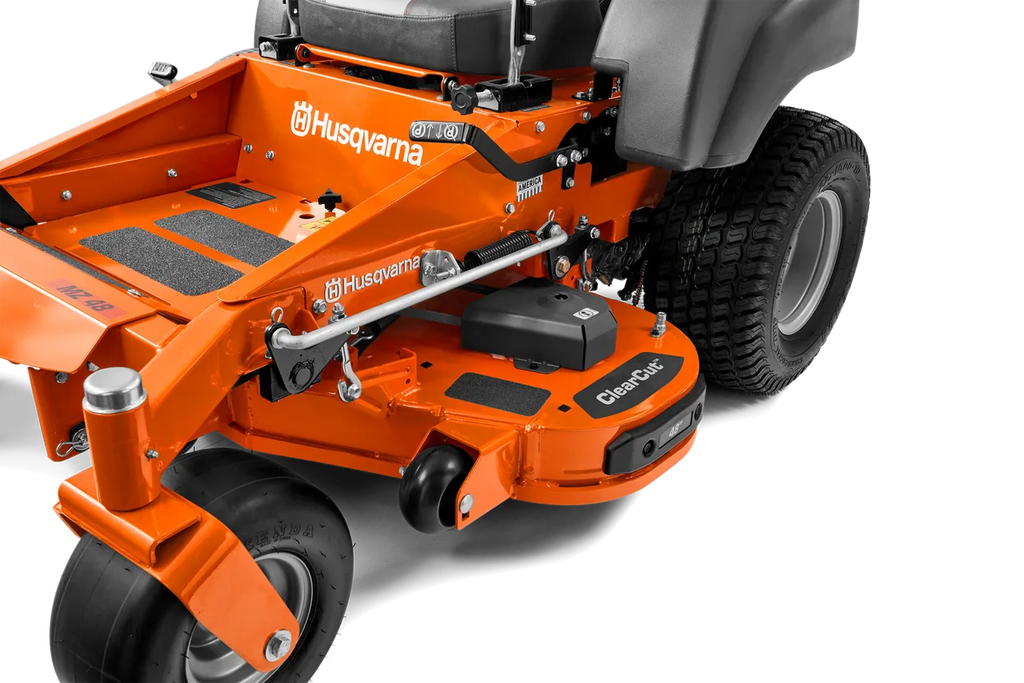Orange Husqvarna riding lawn mower on a white background