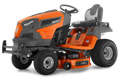 Orange and black Husqvarna riding lawn mower on a white background