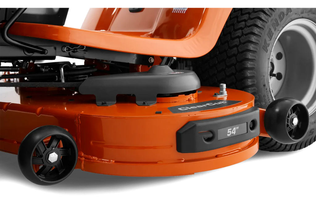 Close-up of an orange lawn mower with a visible brand logo on a white background