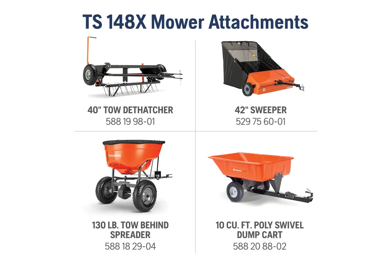 TS 148X Mower Attachments with product names and specifications on a white background