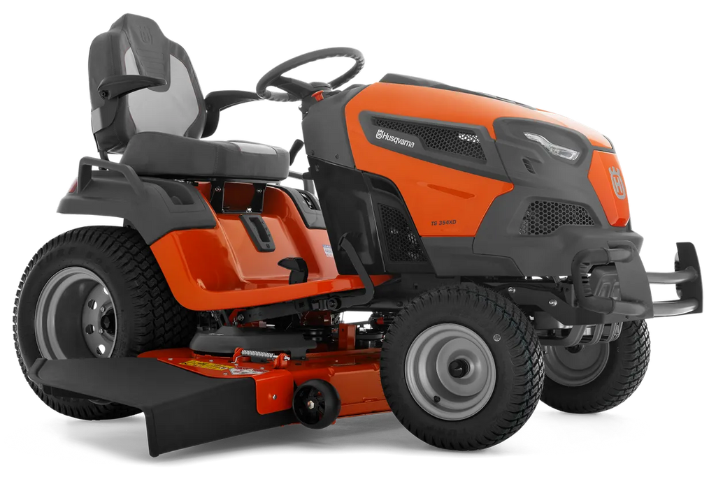 Orange and black riding lawn mower on a white background