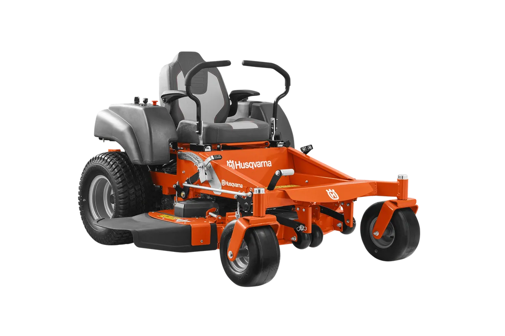 Orange and gray Husqvarna riding lawn mower on a white background