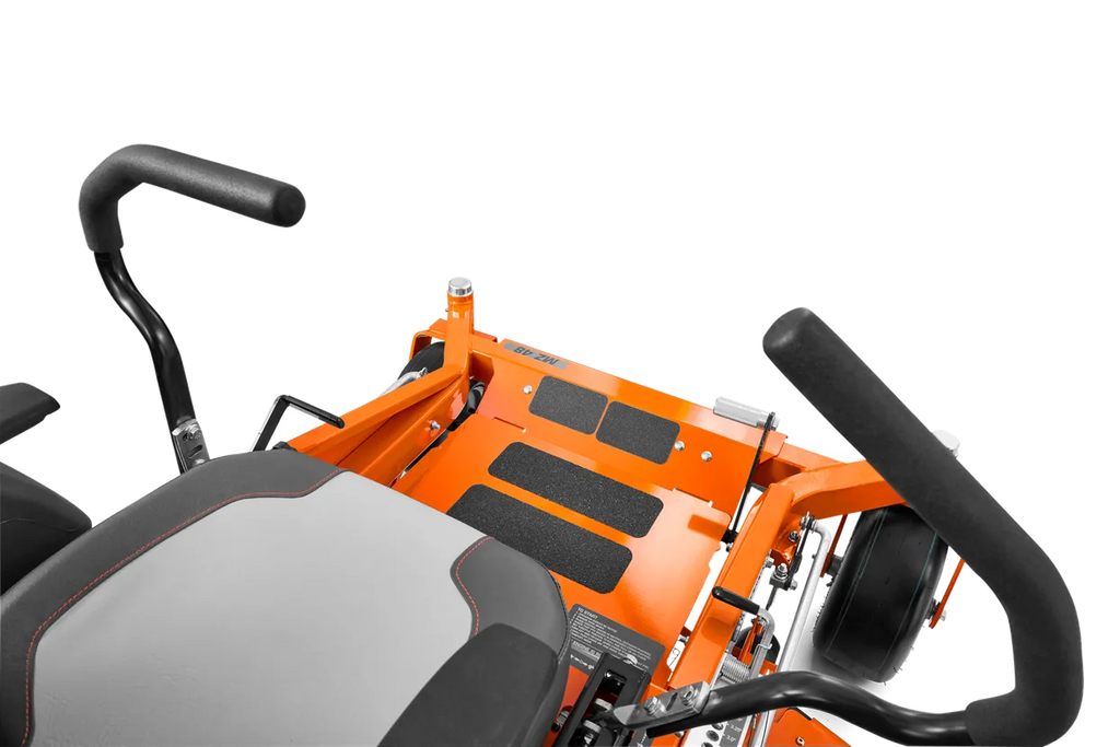 Close-up of a lawn mower with orange body and black handles on a white background
