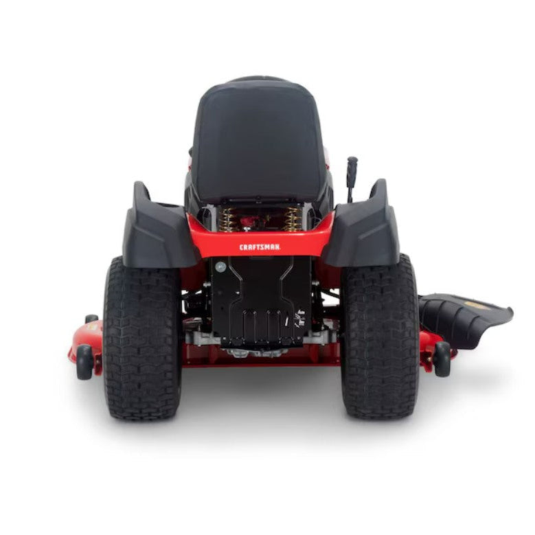 Back view of a red and black Craftsman riding lawn mower on a white background