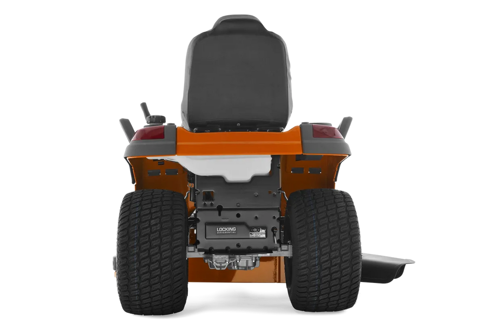 Back view of a lawn mower on a white background
