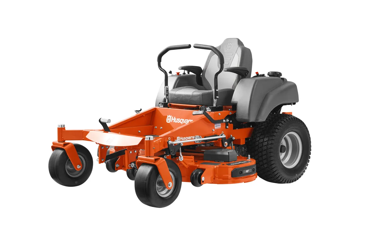Orange Husqvarna riding lawn mower on a white background