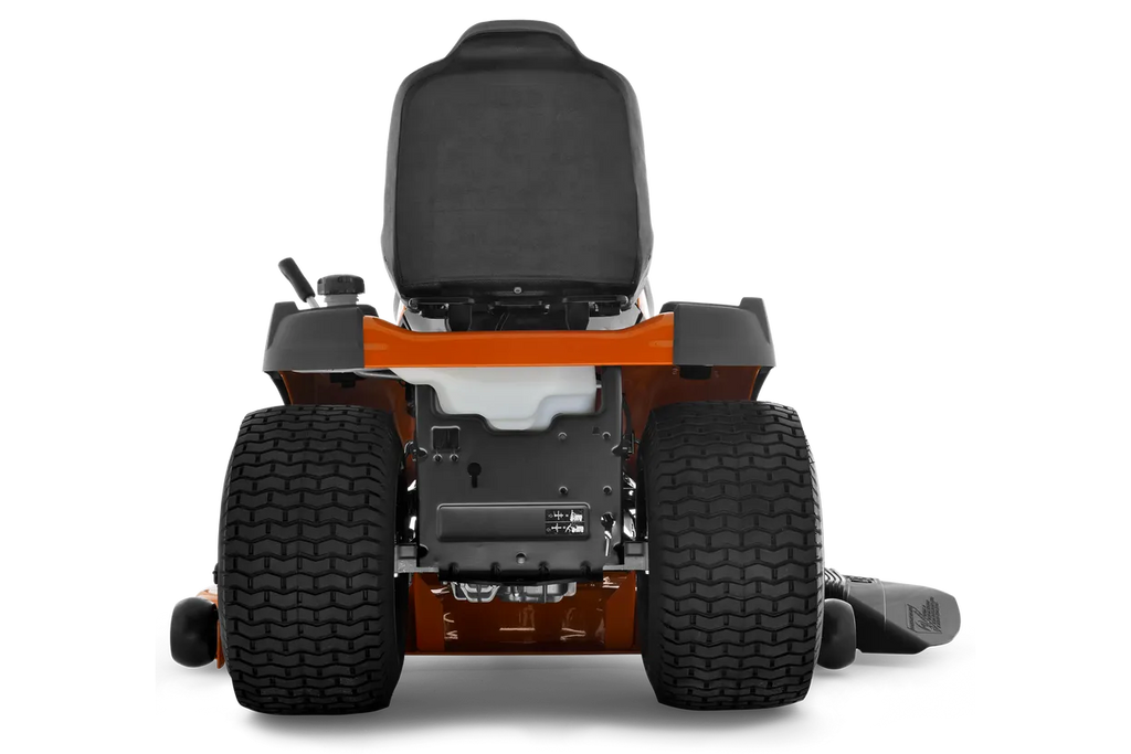 Back view of a lawn mower on a white background