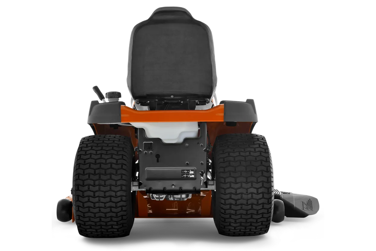 Back view of a lawn mower on a white background