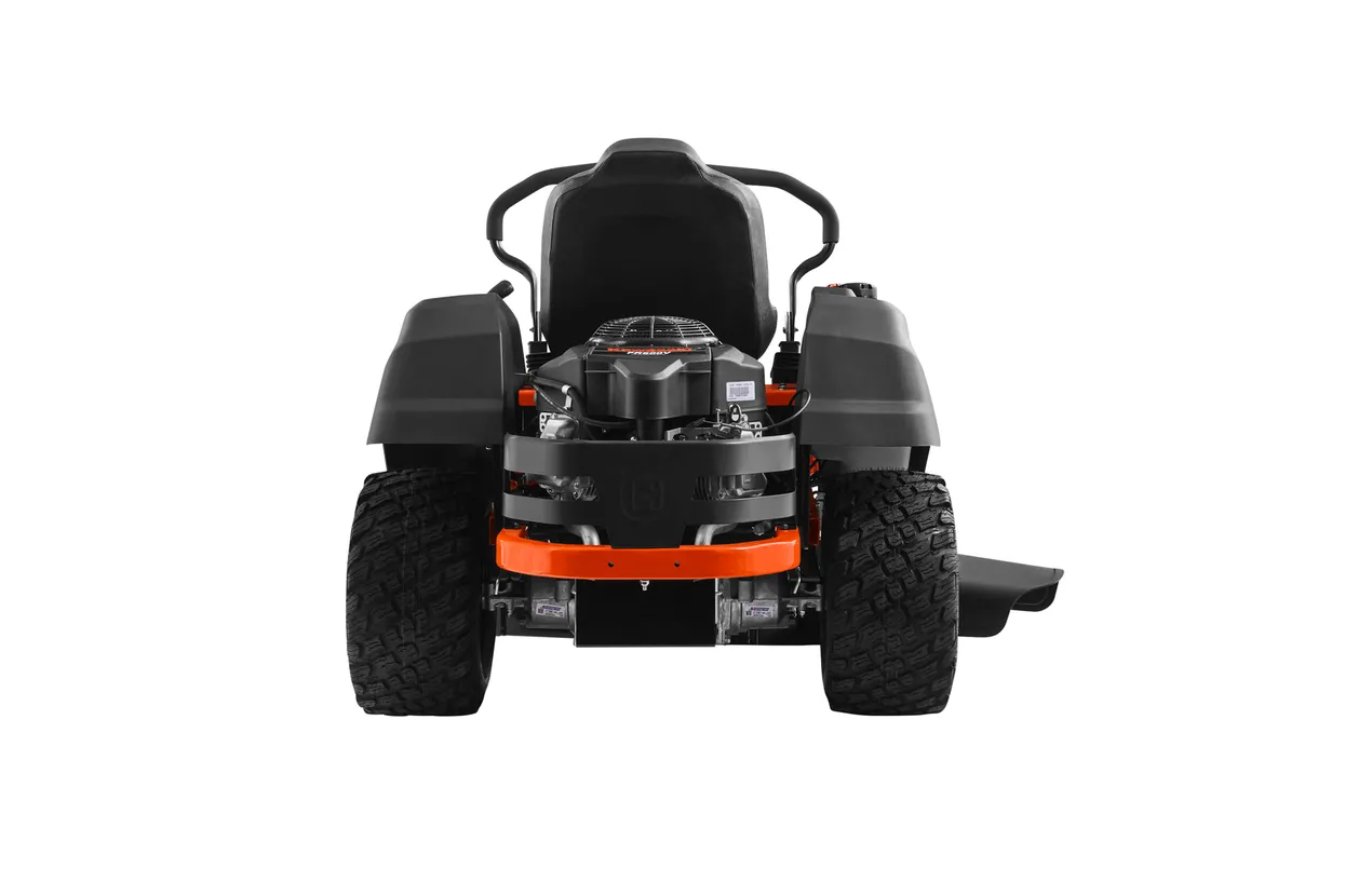 Back view of a black riding lawn mower on a white background