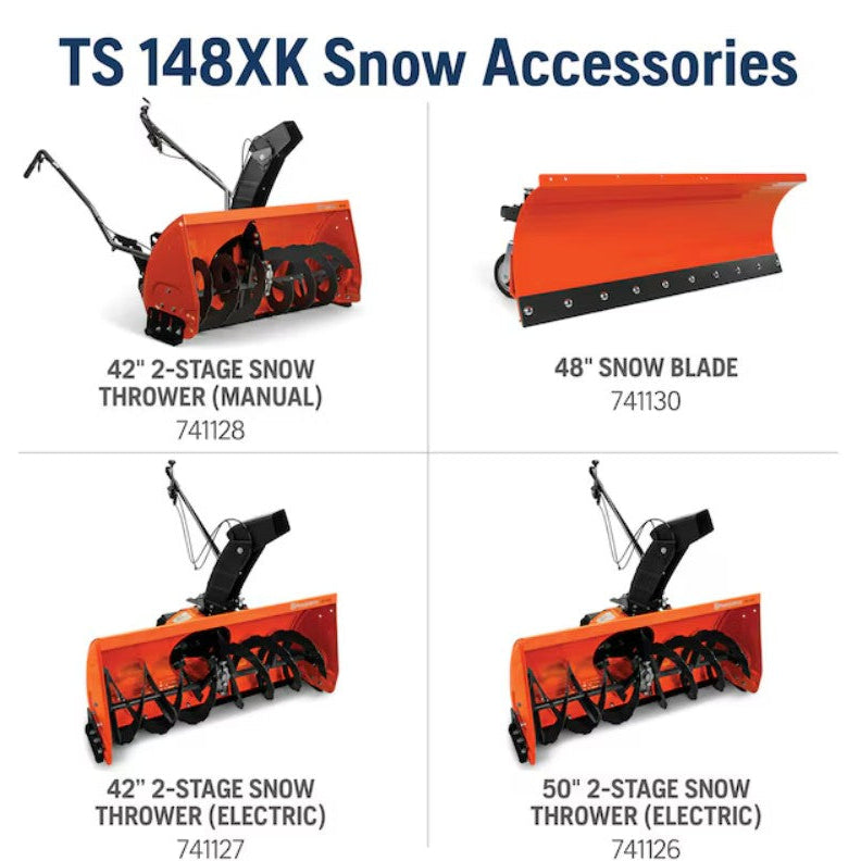 Snow removal accessories for a snowblower with product names and numbers on a white background.