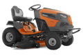Orange and black riding lawn mower on a white background
