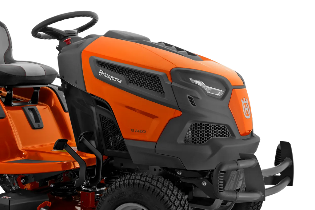 Orange and black Husqvarna riding lawn mower on a white background
