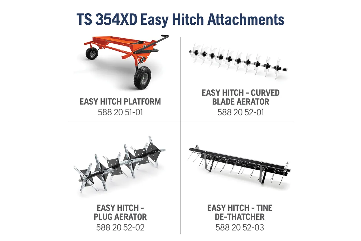 TS 354XD Easy Hitch Attachments with platform, curved blade aerator, plug aerator, and tine de-thatcher on a white background.