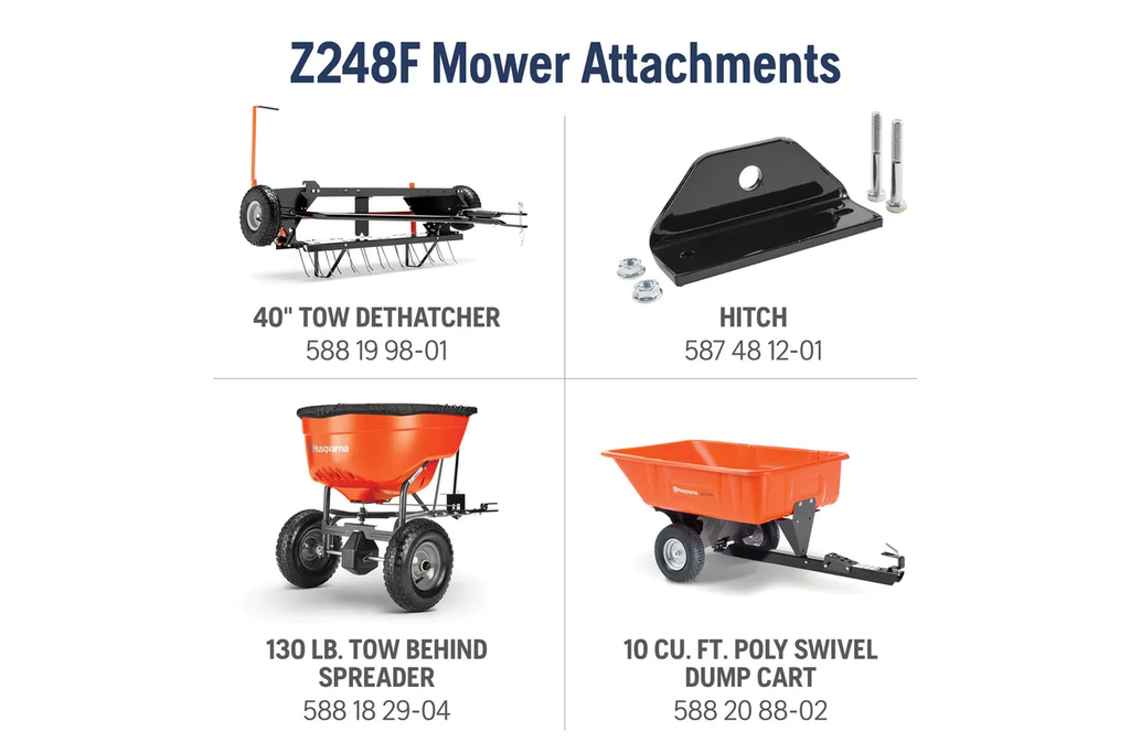 Z248F Mower Attachments with product images and specifications on a white background