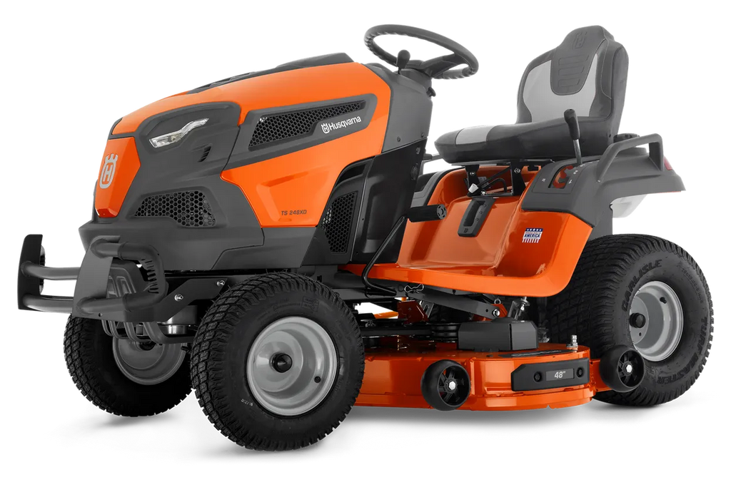 Orange and black Husqvarna riding lawn mower on a white background
