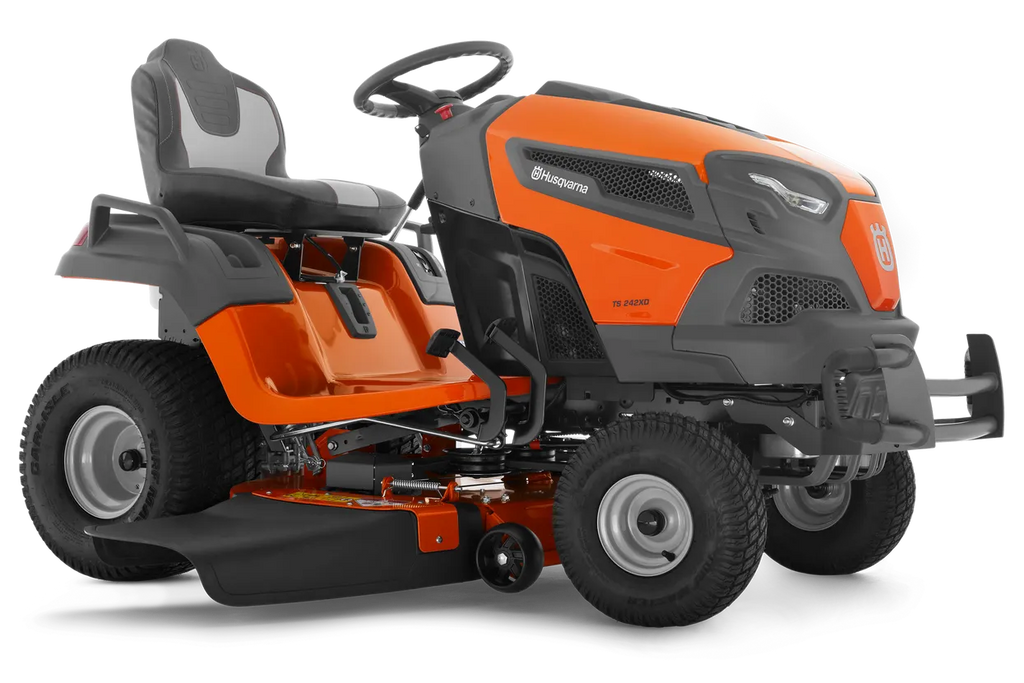 Orange and black riding lawn mower on a white background
